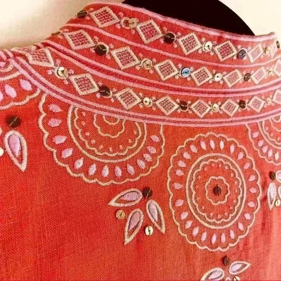 J. Crew Coral Embroidered Embellished V-Neck Linen Kimono Tunic Top Size XS - Picture 9 of 12